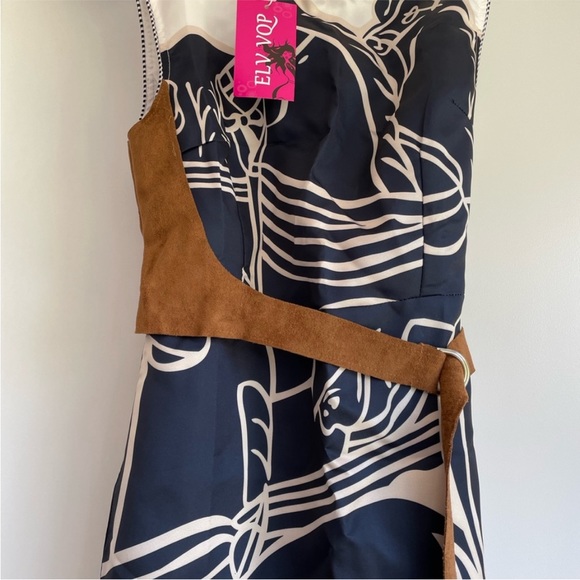 New White and Navy Horse-Belt -accent Midi dress | size S - Picture 5 of 8